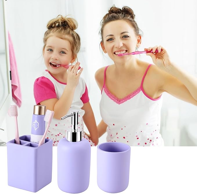 Resin Purple Bathroom Accessories Set 6Pcs - Lotion Soap Dispenser, Toothbrush Holder, Bathroom Tumbler, Qtip Holder & Vanity Tray, Modern Bathroom Countertop Organizer for Home