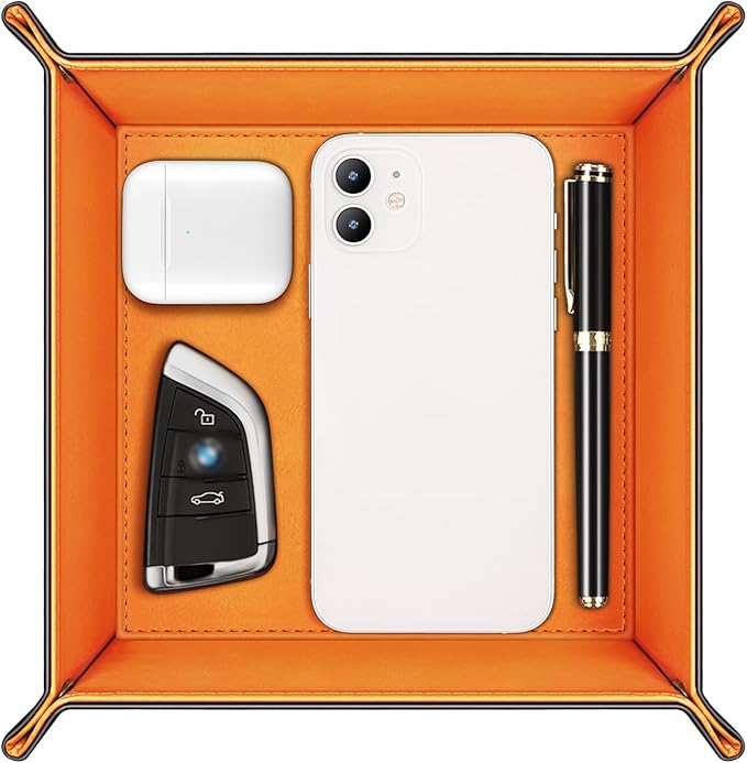 SITHON Valet Tray Desktop Storage Organizer â Premium PU Leather Catchall Bedside Vanity Tray Nightstand Caddy Holder for Remote Controller, Keys, Phone, Wallet, Coin, Jewelry (Orange)