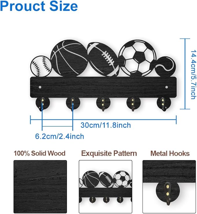 MAYJOYDIY Sports Basketball Football Coat Hooks Wall Mounted 11.85.7inch Wood Key Holder for Tennis Baseball Rugby 5 Alloy Hooks Key Rack Entryway Hallway Art Decor Gift