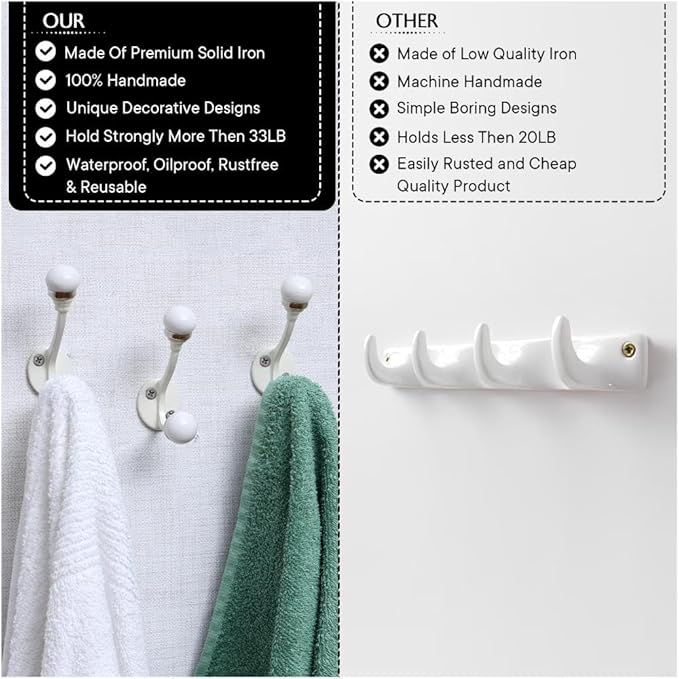Indian Shelf Pack of 12 Double Prong White Decorative Coat Hooks Unique Coat Rack Wall Mount Ceramic Wall Hooks for Hanging Towel Holder Backpack Purse Hanger- Style 5