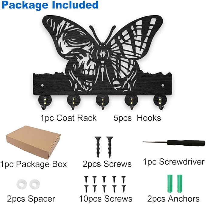 MAYJOYDIY Wooden Skeleton Butterfly Key Hook Insect Skull Coat Holder for Wall 11.8×7.8 inch Black Art Key Holder with 5 Alloy Hooks for Entryway Bedroom Living Room Home Decor