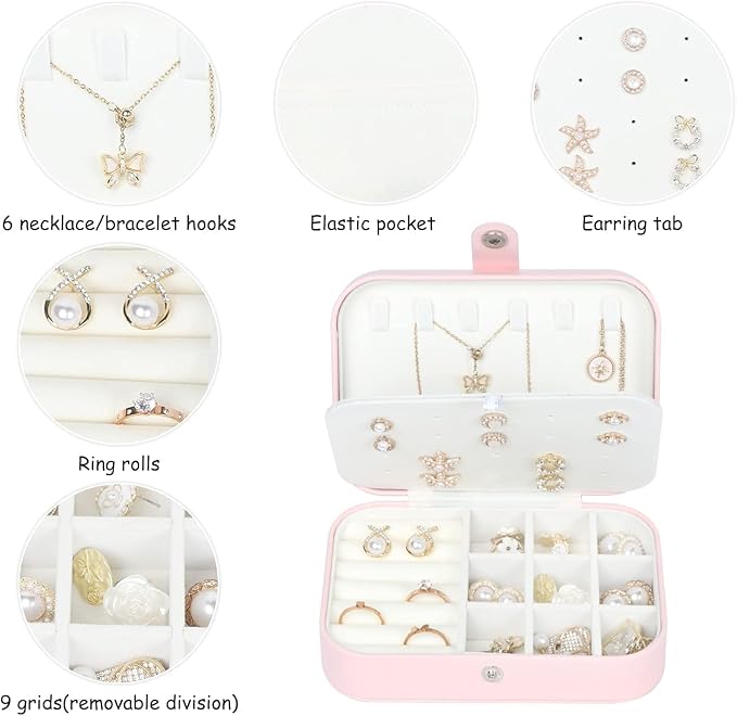 Travel Jewelry Box, Small Jewelry Organizer Boxes for Women Girls, 2 Layer Travel Jewlery Case, PU Leather Mini Portable Jewerly Storage Display Holder for Earrings, Ring, Necklaces, Bracelets(Pink 1)