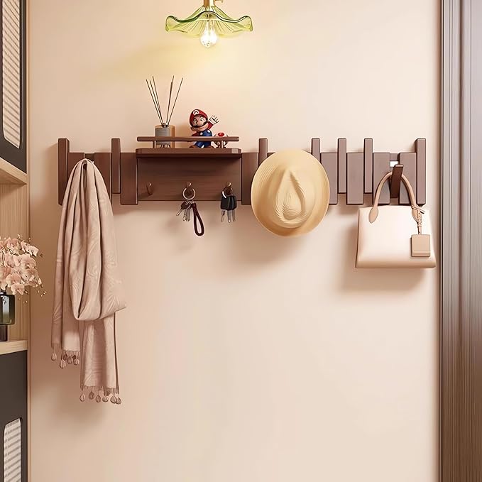 Wall Mounted Coat RackHooks Piano Key Hangers Natural Solid Wood Hanger Non-Woven Fabric Clothes Hangers for Closet, Kitchen, Bedroom, Bathroom, Entryway (Innovate-Beech, 12 Hooks)
