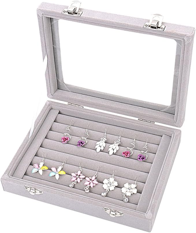 Velvet Glass Jewelry Display Storage Box Ring Earrings Jewelry Box Ring Holder Case, 2 Clasps