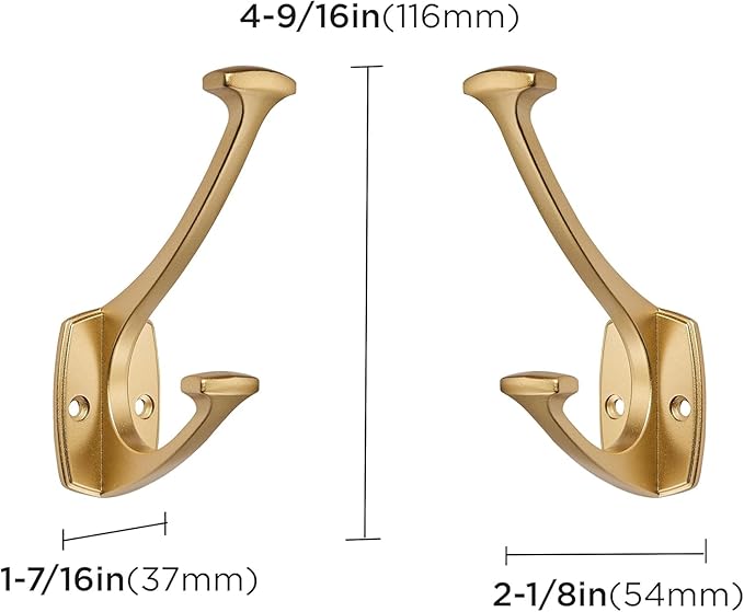 10 Pack Brushed Gold Hooks Decorative Heavy Duty Solid Large Coat Hooks for Towel Hanging Coats Robe Wall Mounted Towel Bags Door Back Bathroom Wall Hook.