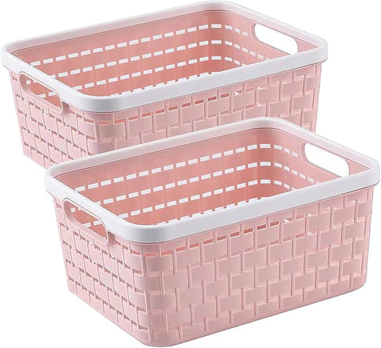 Plastic Storage Bin Baskets, Toilet Paper Basket for Bathroom, Plastic Organizer Shower Caddy with Handles for Living Room (Medium Pink 2 Pack)