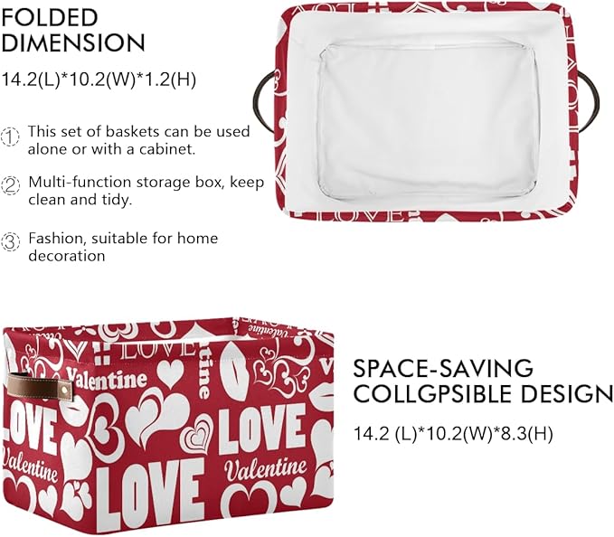 Love Lips Large Foldable Storage Basket,Valentine Pattern Storage Bin Fabric Collapsible Organizer Bag with Handles 15x11x9.5 inch