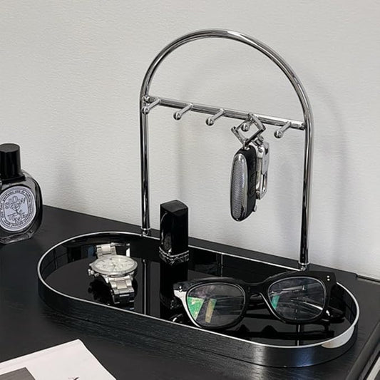 Shinpuru Metal Jewelry Organizer Stand & Key Holder Tray with Acrylic Base, Key Stand and Jewelry Tray with 5 Hooks, Perfect Key Bowl, Valet Key Tray, Ring Holder, Jewelry Dish (Silver Black)