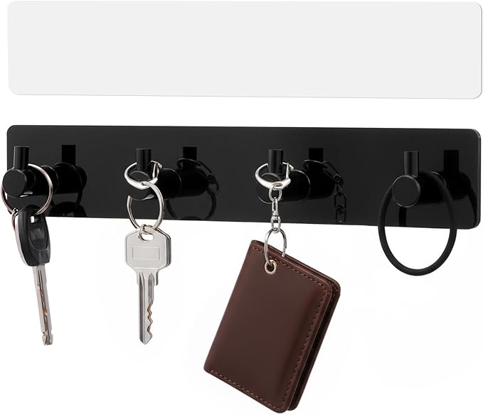 1 Pcs Adhesive Key Holder for Wall Acrylic Key Holder with 4 Hooks for Entryway, Door, Bathroom, Kitchen, Hang Keys, Hats, Dog Leashes, and Accessories(Black)