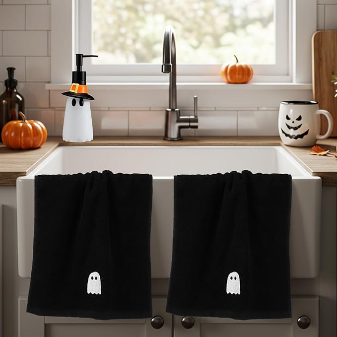 4 Pcs Halloween Bathroom Accessories Ghost Soap Dispenser Lotion Pump Halloween Hand Towels Fingertip Towels with Gift Box Set for Home Bath Kitchen Decoration(Black White, Ghost)