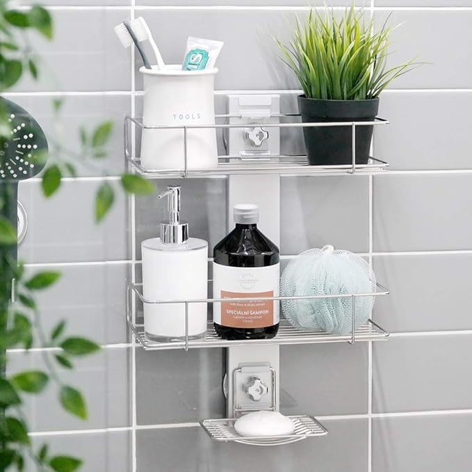 Bath Beyond BATHBEYOND Shower Caddy Suction Cup Tier Shower Shelf - Adjustable Shower Caddy 400 Stainless Steel No-Drilling and Extra Adhesive Sticker for More Stronger Suction, 3T-CADDY