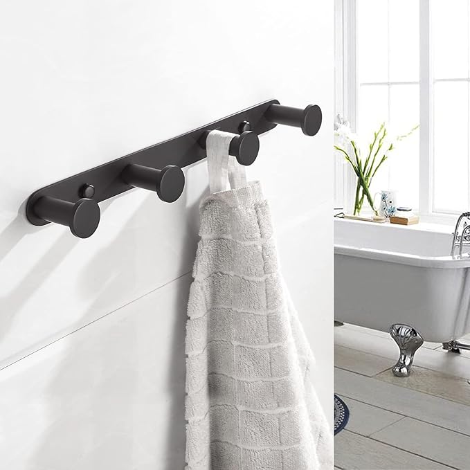 BigBig Home Black Towel Hook, Bathroom Wall Hook Rack with 4 Hooks Matte Bedroom Coat Hook Kitchen Robe Hanger Wall Mount