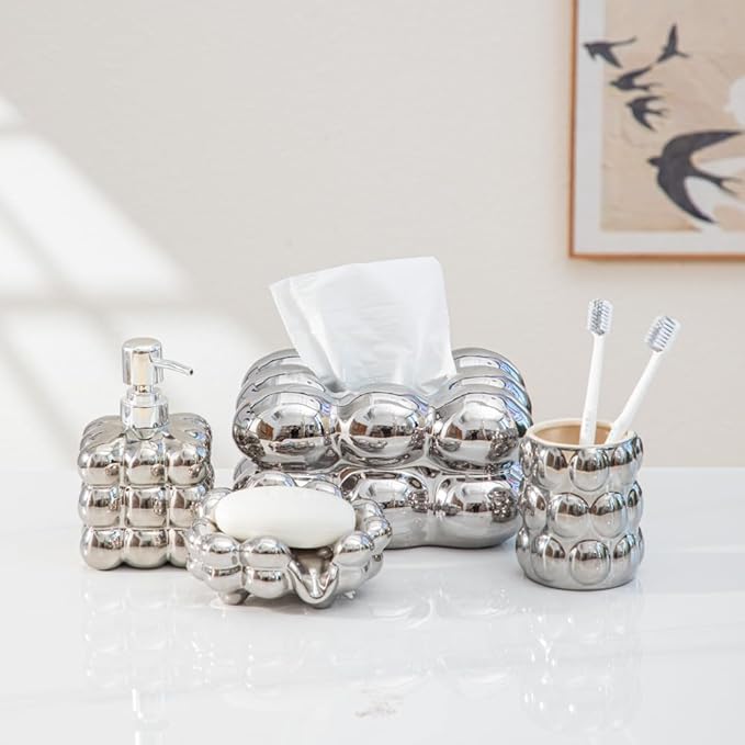 Anding Bathroom Accessory Sets, Includes Lotion Dispenser Toothbrush Holder, Cup and Soap Dish Ceramic Abstract Home Decor Shelf, Silver, (A635 Silver Set)