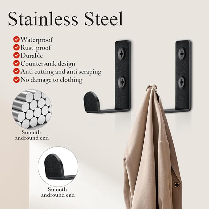 10 PCS Stainless Steel L Shaped Coat Hooks Wall Mounted Single Metal Robe Hook for Hanging Towel, Utility Hooks for Bags, Hat, Cap, Scarf, Cup. Matte Black.