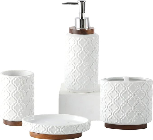 Elegant Bathroom Accessories Set 4 PCS Ceramic and Wood Bathroom Accessory Set Soap Dispenser Toothbrush Holder Tumbler Soap Dish Easy to Clean Quatrefoil Pattern White