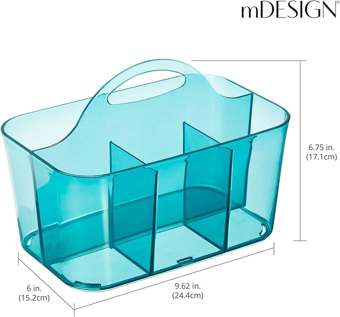 mDesign Small Plastic Portable Shower Basket Caddy Organizer Tote with Handle for Dorm, Bathroom, Shelf, Cabinet; Holds Soap, Shampoo, Conditioner, Combs, Brushes, Lumiere Collection, Dark Aqua Tint
