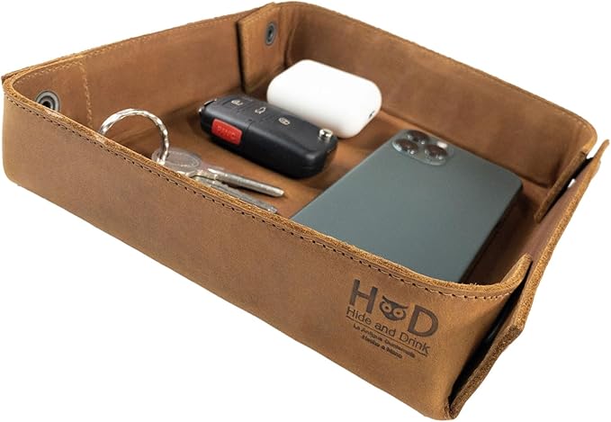 Hide & Drink, Leather Catchall Change Keys Coins Jewels Box Tray Big Storage, Handmade, Single Malt Mahogany
