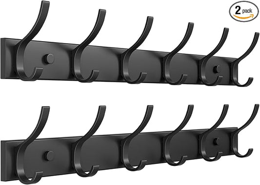 Coat Rack Wall Mount with 6 Hooks (Black, 2 Pack), Heavy Duty Coat Hooks Wall Mount for Entryway, Bedroom, Closet, Wall Hooks for Hanging Coats, Hats, Bags, Purses.