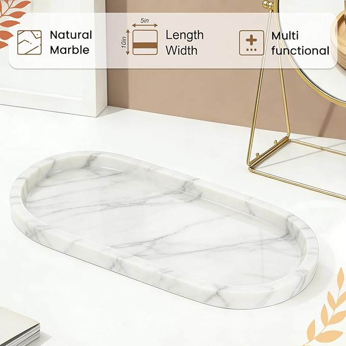 Natural Marble Tray, White Stone Tray, Vanity Decorative Tray for Countertop, Catchall for Perfume, Candles, Skincare, Jewelry Dish, Bathroom Tray, Hotel Supplies