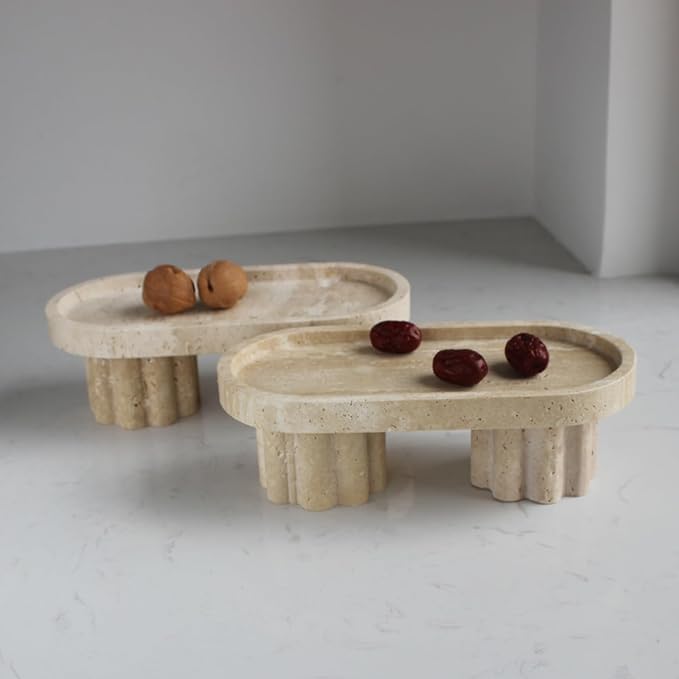 Natural Travertine Marble Oval Tray with 2 Legs, 10" Vanity Decorative Tray for Countertop Organizer, Catchall Tray for Perfume, Candles, Jewelry Dishv