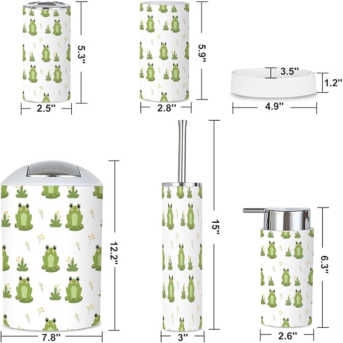 6 Piece Bathroom Accessories Set Cute Frogs Nature Seamless Pattern Funny Green Frog Character Pattern Trash can Toilet Brush Holder Toothbrush Holder Toothbrush Cup Soap Dispenser Soap Dish for Home