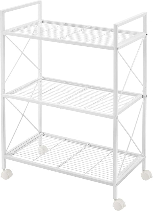 SONGMICS 3-Tier Metal Storage Rack with Wheels, Mesh Shelving Unit with X Side Frames, 23.6-Inch Width, for Entryway, Kitchen, Living Room, Bathroom, Industrial Style, White UBSC163W01