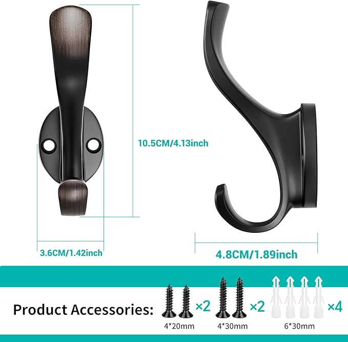 Heavy Duty Wall Hooks, Black, Metal Mounting Hardware, 6-Pack, Double Prong Design, Decorative Coat Hangers with Screws, Anchors (12, Vintage)