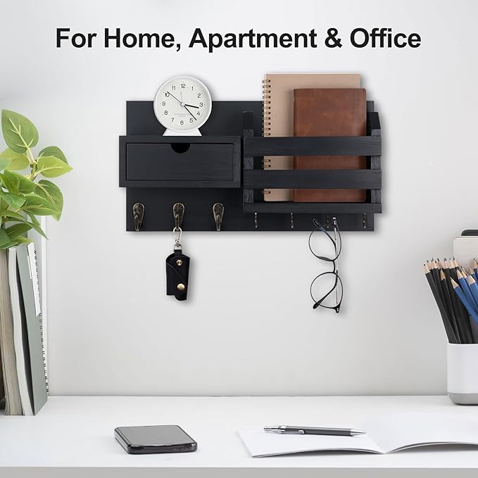 Wall Mount Key Holder with Mail Organizer, 100% Paulownia Wood, 7 Metal Hooks, Storage Drawer, Entryway Home Decor (Black)
