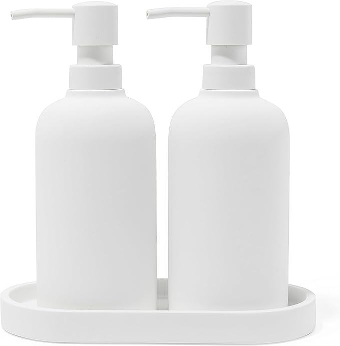 Matte White Round Soap Dispenser Set with Tray for Kitchen, Countertop & Bathroom – 2 Pack 15 oz Refillable Resin Pump Bottle for Dish Soap, Hand Soap, Shampoo, Conditioner – Non-Slip Protective Pads