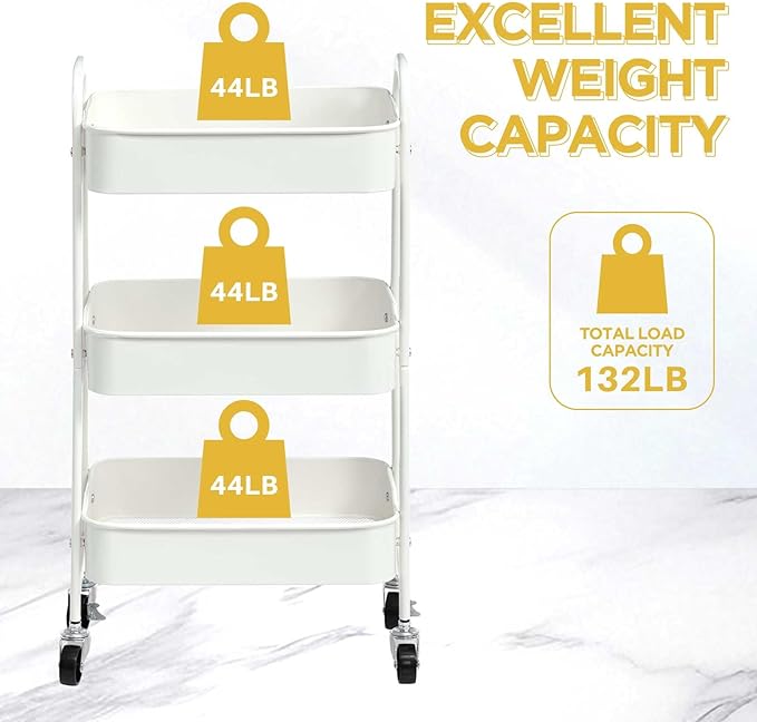 AGTEK 3 Tier Utility Rolling Cart with Lockable Wheels, Metal Multifunctional Storage, Organizer Cart for Kitchen, Office, Living Room, Makeup, Craft, Art Studio, White