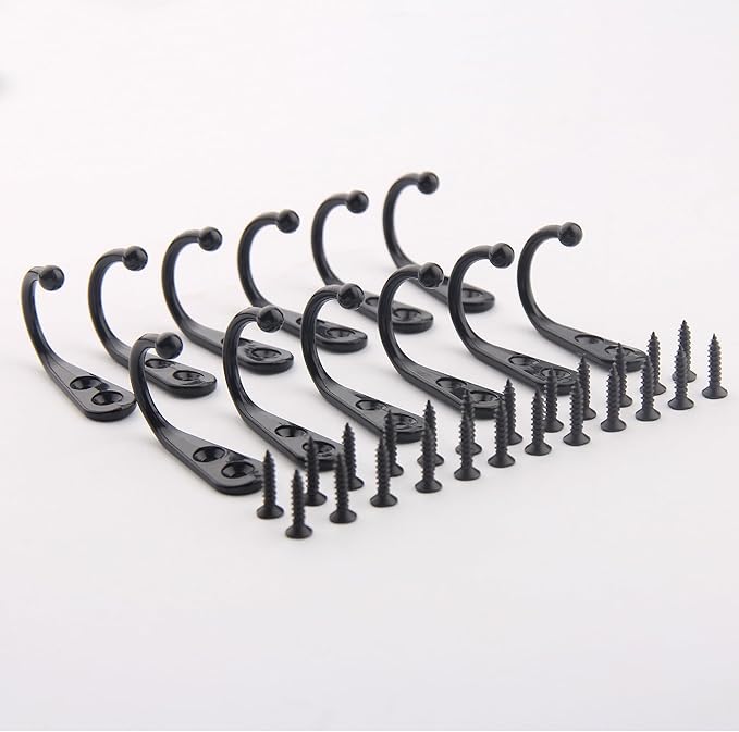 12 Pack Black Coat Hooks Wall Mounted, Rustproof Zinc Alloy Metal Hooks for Hanging Coats, Heavy Duty Utility Key Holder Hooks with Screws for Bathroom, Entryway, Kitchen, Hat, Towel, Cup, Robe
