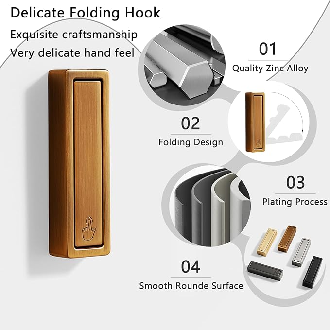 4PCS Folding Coat Hooks, Heavy Duty Wall Hooks Made of Zinc Alloy with Fixing Accessories, Foldable Wall Hooks for Hanging Clothes, Keys, Towels (Bronze)