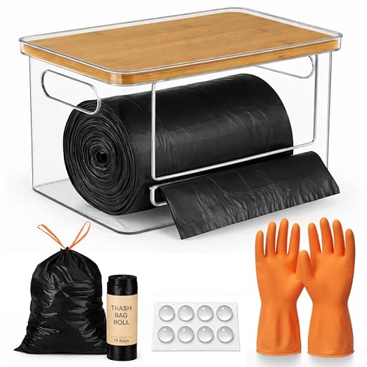 Trash Bag Dispenser with Front Opening, Stackable Garbage Bag Holder for Kitchen & Home, Fits 2.5 Gallon Bags, Includes Reusable Gloves, Adhesive Anti-Slip Pads & 15 Trash Bags–Extra Large Organizer