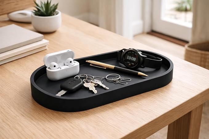 Happitasa Premium 12â x 5â Silicone Vanity Tray | Sink and Surface Organizer with Sturdy Non-Slip Base | Heat Safe, Dishwasher Safe (Black)