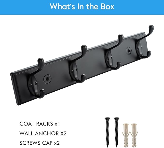 HOME MASTER HARDWARE Coat Rack Wall Mount Black, MDF Wall Mounted Coat Hooks for Hanging Coats, 16" Hat Rack for Wall with 4 Hooks