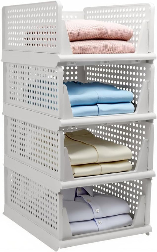 Stackable Foldable Storage Baskets, Folding Storage Bins, Closet Organizers and Plastic Drawer Shelf Storage Container for Wardrobe, Cupboard, Kitchen, Bathroom, Office (White, 4L)
