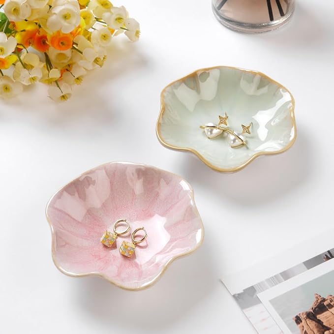 2PCS Lotus Leaf Shape Ring Holder Dish, Small Key Bowl, Ceramic Trinket Tray Jewelry Dish Organizing Necklace Earrings for Mom Friend Sister, All Jewelries Are NOT Included.Pink+Light Green.â¦