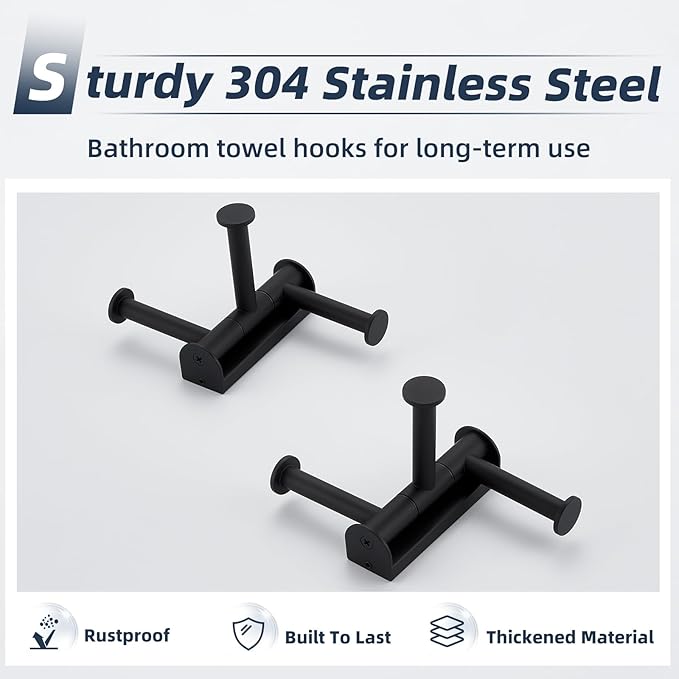 APLusee Swivel Towel Hook for Bathroom 2 Pack, 304 Stainless Steel Matte Black Swivel Coat Hook with 3 Rotating Arms, Flexible Kitchen Towel Hanger Wall Mounted
