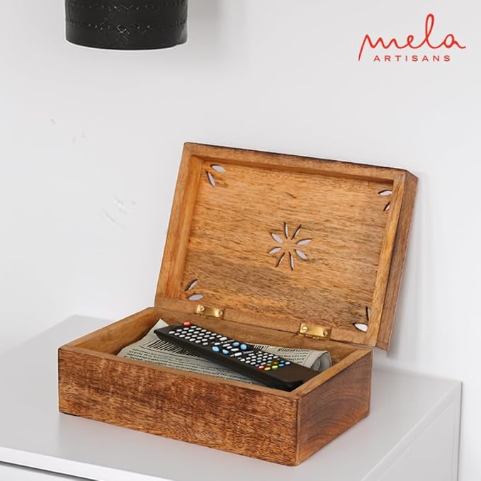 Mela Artisans Wooden Keepsake Box | Burnt Mango Wood Memory | Photo Storage Box with Hinged Lid | Decorative Storage Box | Mediumc | 7.5x4.5x3 Inch