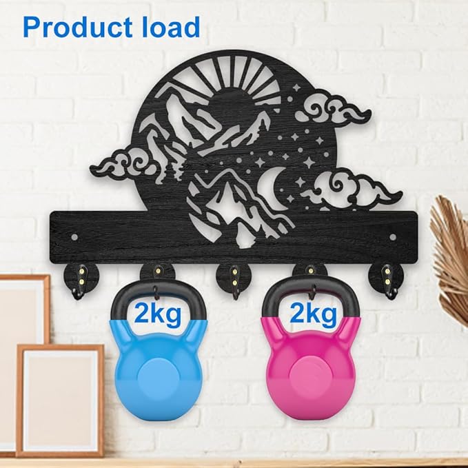 MAYJOYDIY Sun Moon Star Cloud Key Holder for Wall 11.8x7.8inch Nature Scenery Mountain Wood Key Hooks Hat Organizer Rack with 5 Alloy Hooks for Entryway Front Door Office Decor