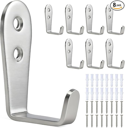 8 Pcs Stainless Steel Hooks for Hanging, Heavy Duty Hook, Wall Hooks Key Holder Wall Mount Hanger Coat Hook Garage Storage Screw Utility Hooks (Silver)
