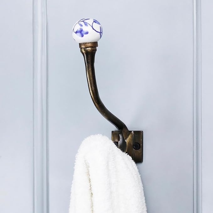 Indian Shelf Pack of 12 Heavy Duty Decorative Double Hooks for Hanging Blue White Unique Coat Hooks Vintage Coat Rack Wall Mount Double Prong Wall Hooks Towel Holder Backpack Purse Hanger- Style 17