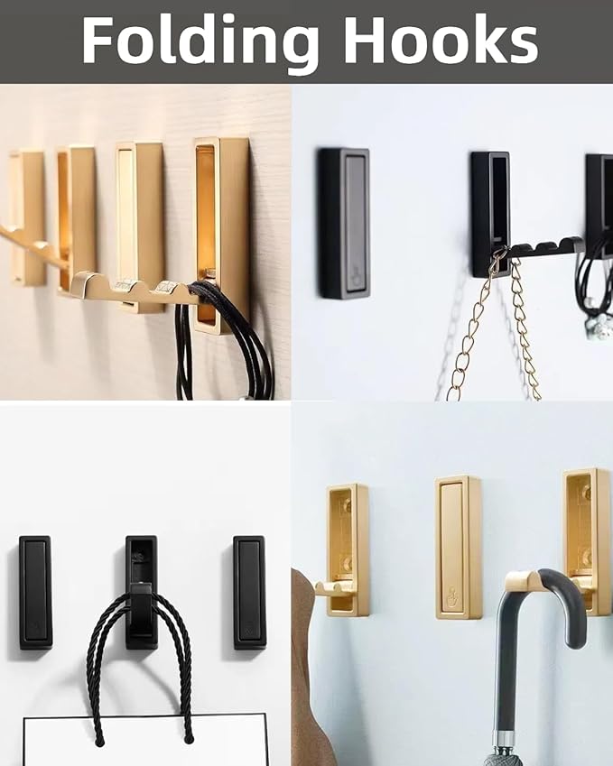 Wall Hooks, 5Pcs Folding Hook Zinc Alloy Coat Hooks Wall Mounted for Hanging Heavy Duty, Towel, Coats, Hanger, Bag, Hat, Backpacks, Earphone, Screws (Black)