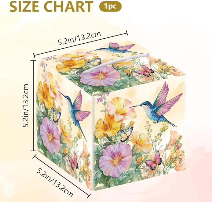 Flowers Tissue Box Holder, Hummingbird Square Tissue Box Cover Foldable Tissue Storage Box Waterproof Paper Towel Case Container Organizer Tissue Box Holder for Bedroom Office Bathroom Car