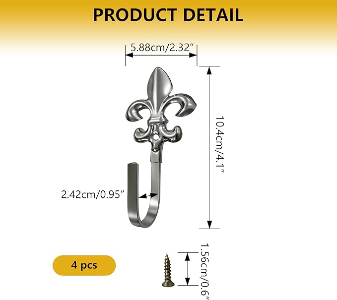 Decorative Wall Hooks for Hanging Things, Vintage Fleur De Lis Metal Coat Hooks, Heavy Duty Silver Rustic Hook for Key, Jewelry, Curtain Tie Backs, Towel, Hat, Small Decorative Hardware 4 Pack