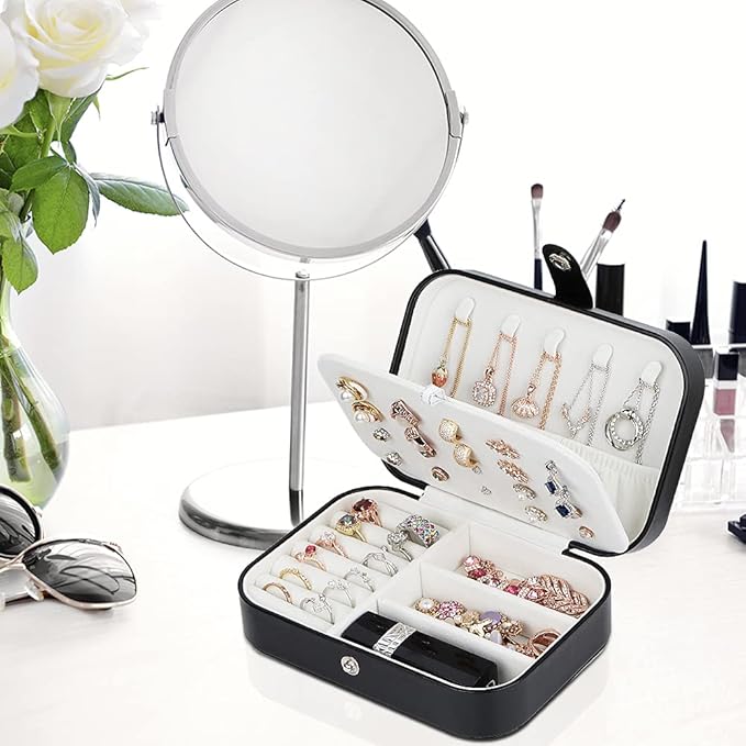 jiemei Jewelry Box, Travel Jewelry Organizer Cases with Doubel Layer for Women’s Necklace Earrings Rings and Travel Accessories (Black02)