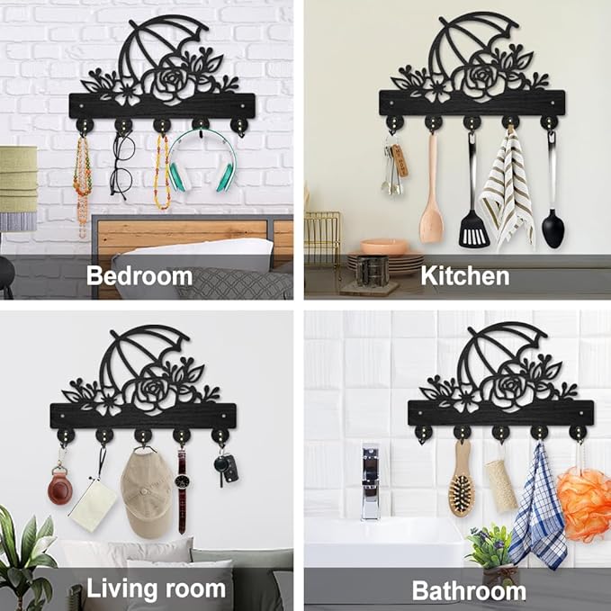 MAYJOYDIY Rose Umbrella Key Holder for Wall Flower Leaves Wall Mounted Key Hooks 11.8×7.9inch Wood Key Hanger Rack with 5 Alloy Hooks for Entryway Front Door Kitchen Office Decoration