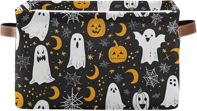 Halloween Devil and Pumpkin Storage Basket,Spider Web Large Storage Bin Fabric Collapsible Organizer Bag with Handles 15x11x9.5 inch