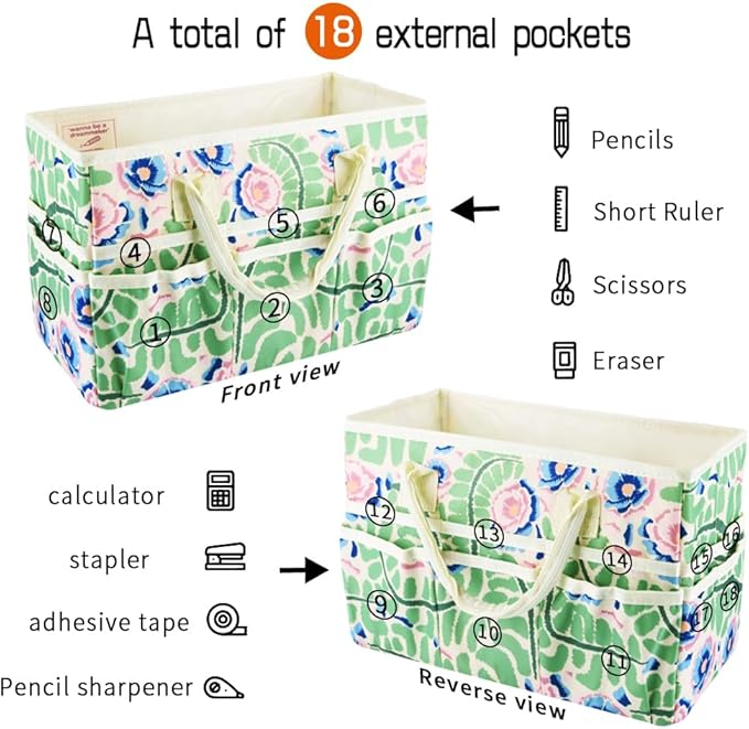 E-WEICHEN Craft Organizer Tote Bag Art Storage Caddy with Multiple Pockets Containers for Art,Craft,and Office Supplies Storage.Green Leaves Flower