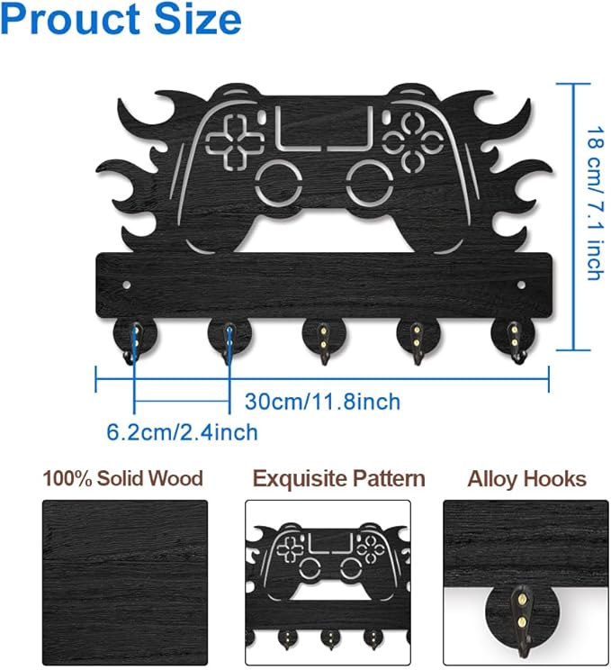 MAYJOYDIY Gamepad Wood Key Holder for Wall Flame Game Controller Key Hooks 11.8×7.1inch Key Hanger Rack with 5 Alloy Hooks for Entryway Front Door Kitchen Office Decoration